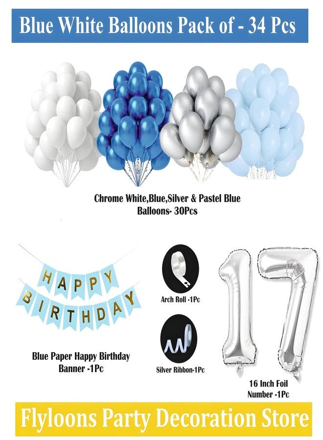 Flyloons 17th Birthday Decoration Items Blue and White Theme Combination for Boys Girls | 30 Pcs Blue White Silver Color Balloons | Blue Happy Birthday Paper Banner | Arch Tape - Image 2